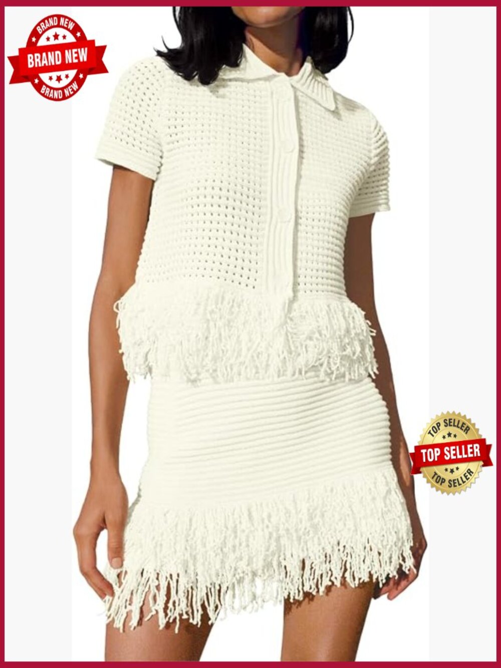 Womens 2 Piece Outfit Crochet Button Front Sweater & Fringe Skirt Set